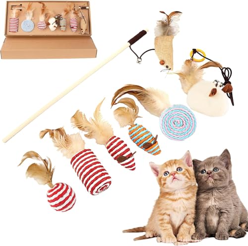JACKANNA Katzenspielzeug Set 7 Teile Katzenangel Stabil Cat Toy und Katzenspielzeug selbstbeschäftigung Mmaus mit Federn.Kitten Spielzeug Katzen Angel aus Holz interaktives Katzen Spielzeug zur