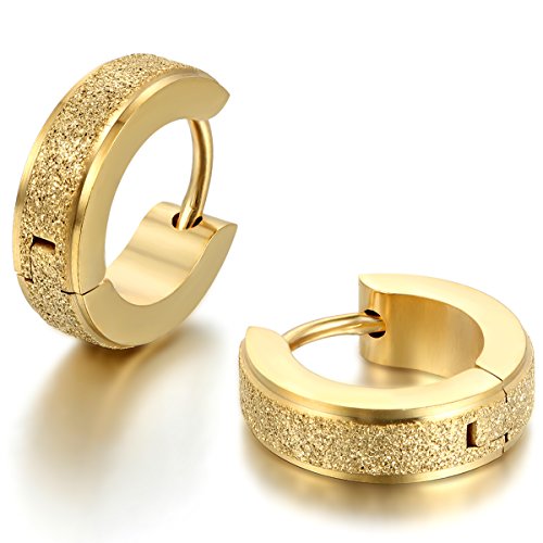 JewelryWe Schmuck Herren Damen Ohrringe Edelstahl Sandgestrahlt Creolen Hoop Huggie Ohrstecker Gold