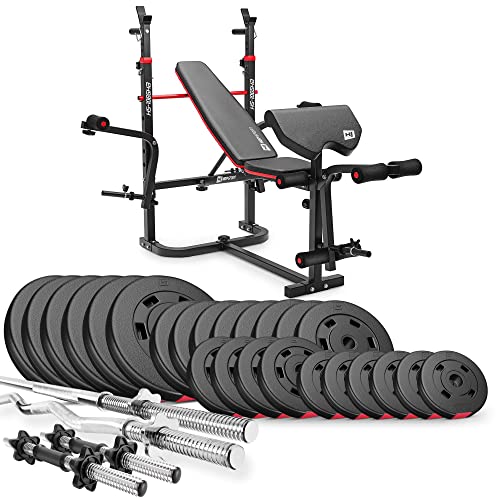 Hop Sport   multifunktionale Trainingsbank verstellbare Schrägbank inkl. Langhantelstange SZ Curlstange Hantelset 135kg max. Belastbarkeit 250