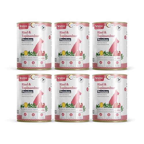 felmo Premium Nassfutter mit leckerem Rind für Hunde 6x400g 2400g naturnah artgerecht ohne Zucker- und Getreidezusatz enthält wichtige Vitamine und Fettsäuren mit extra hohem Fleischanteil