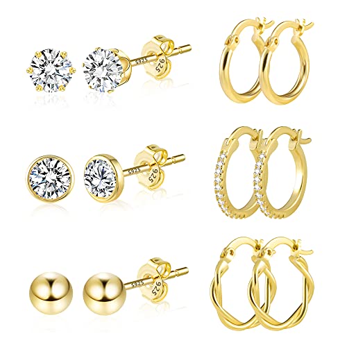 Gold Ohrringe Set Multi Kleine Gold Creolen AAA Diamant Zirkonia Ohrstecker Ohrringe Set 6 Paar 14K Echt Vergoldete Hypoallergen 925 Knorpel Huggie Creolen Ohrringe Mini Kugel Ohrstecker Gold