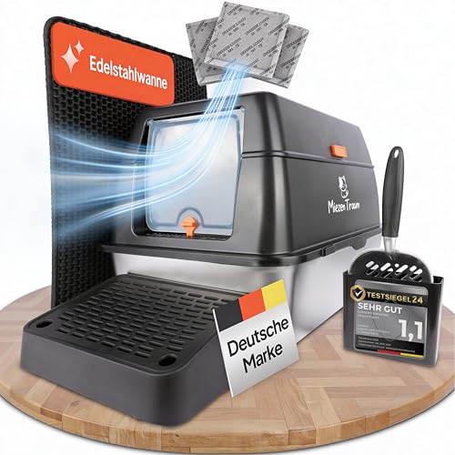 Katzenklo Edelstahl mit Deckel XXL Katzentoilette mit effektivem Geruchsfilter inkl. 3 Aktivkohlefilter Premium Klo mit hohem Rand und 2 Türöffnungen 60x40cm Schwarz