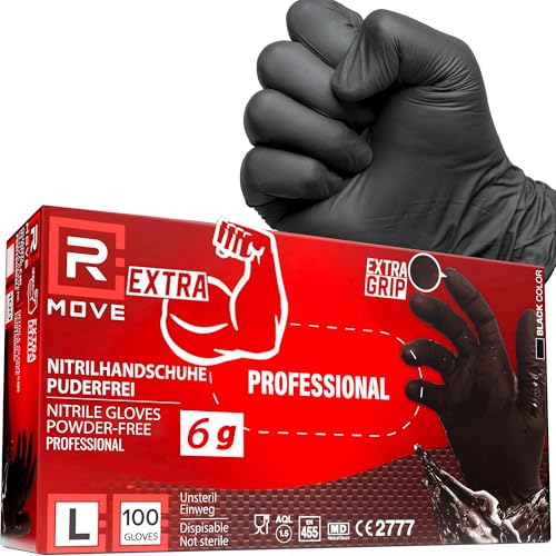 R MOVE 100 Einweghandschuhe Schwarz L Nitrilhandschuhe EXTRA BESTÄNDIG Einmalhandschuhe 60% Dicke 6gr puderfrei und latexfrei gummihandschuhe für Mechaniker Tätowierer Kosmetiker handschuhe einweg