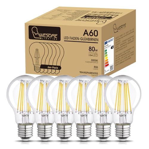 Wesome Lighting Energieklasse Aühbirne 3.8W 806LM 3000K Warmweiß Leuchtmittel A60 Filamentühlampe Ultraeffiezent Nicht Dimmbar 2 Stück