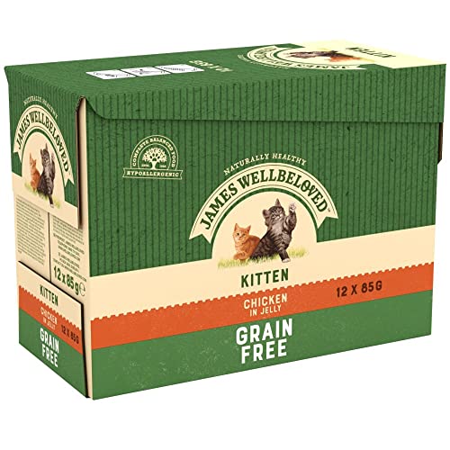 James Wellbeloved Hochwertiges Kätzchen Getreidefreies Huhn in Gelee für Katzen 12 Beutel hypoallergenes Katzenfutter nass 1er Pack 12 x 85 g