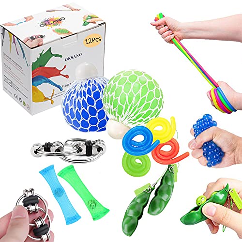 OKSANO anti stress spielzeug 12Stück Squeeze Spielzeug für Kinder Erwachsene fidget toys for ADHS stressball Flippy Chain Stretch Strings Sojabohnen Stresstoys Twisting Toys Stress Relief Strap