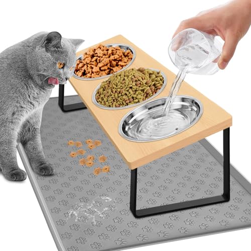 Duscdesp 3er Set Katzennapf Erhöht Futternapf Katze aus Edelstahl mit Metall Ständer Fressnapf Hund mit Bambus und Napfunterlage 15 Gekippte Ergonomischer Futterstation für Katzen und Kleine Hunde