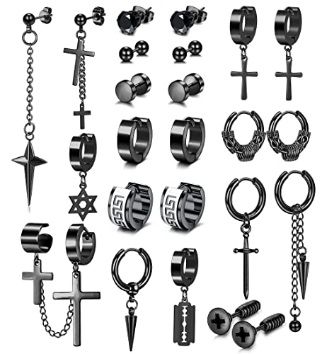 Adramata 12 Paare Ohrringe Herren Chirurgenstahl Ohrringe Stecker Kreuz Ohrringe Hängend Punk Ohrringe Männer Set Ohrringe Creolen Silber Ohrringe Schwarz Ohrstecker für Herren Damen