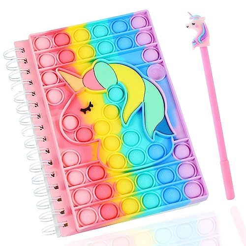 Yeefunjoy Pop It Notebook A5 Einhorn Silikon Push Bubbles Notebook Sensory Squeeze Mit Kugelschreiber Portable Spirale Notizblock Pop Fidget Spielzeug It Notizheft Angst Relief für Kinder Erwachsene