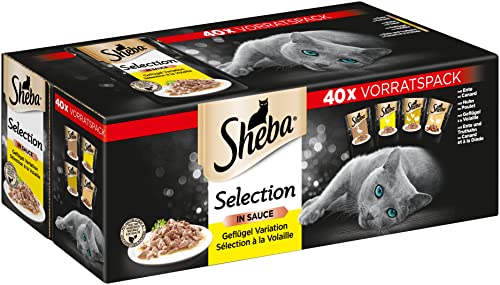 Sheba Katzennassfutter Selection in Sauce 40 Portionsbeutel 40x85g 1 Großpackung Katzenfutter nass Geflügel Variation mit Ente Huhn Geflügel und Truthahn