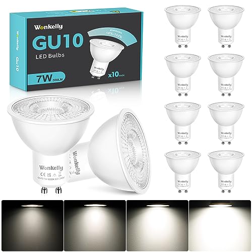 Wonkelly GU10 LED Dimmbar 7W 6000K GU10 LED Kaltweiss Dimmbar Lampe 50W Halogen Ersatz 500LM Kaltweiß Glühbirnen 38 Abstrahlwinkel Energiesparend Leuchtmittel 10er Pack