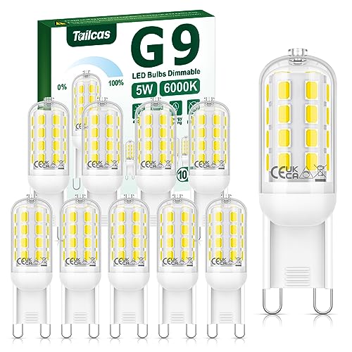 Tailcas G9 LED Dimmbar Kaltweiß 5W 6000K G9 LED Lampe Ersetzt 40W Halogen Lampe 450LM Kein Flackern Leuchtmittel G9 LED 360 Abstrahlwinkel G9 Birne Enegiesparende AC 220-240V 10er Pack