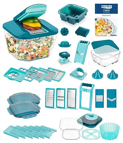 Nicer Dicer Chef Professional Deluxe Gemüseschneider manuell 39-tlg Gemüsehobel mit 5.2L Behälter und 2.8L Glassschüssel Deckel Spiralschneider Pommesschneider Küchenhelfer mit einfacher Reinigung