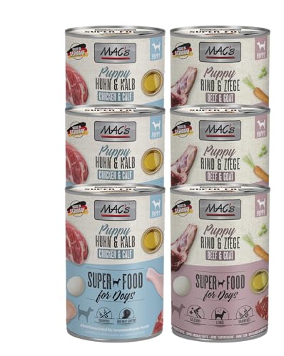Mac s Dog Puppy 6 x 400g 2 Sorten Mix Getreidefreies Nassfutter für Welpen schonende Zubereitung bietet Ihrem Welpen Alles an Nährstoffen Vitaminen und Mineralien