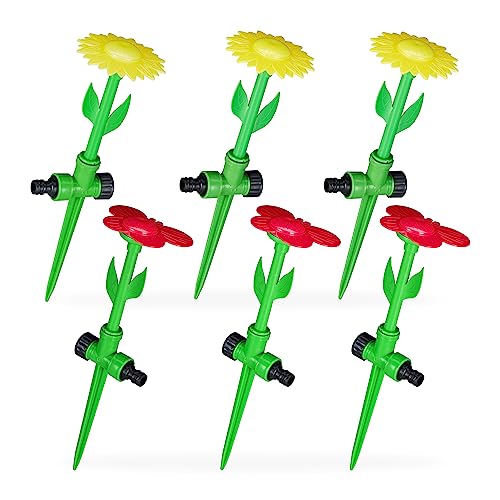 Relaxdays Sprinkler Blume 6er Set Spritzblume Garten Rasensprenger Kinder mit Erdspieß HxD 34 x 10 cm rot gelb