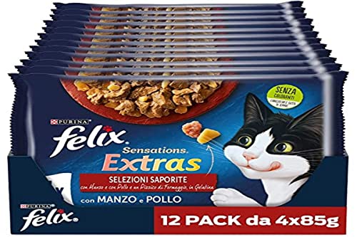 Purina Felix Sensations Extras Feuchtigkeitsfutter für Katzen mit Rind und Einer Prise Käse und einem Huhn und Einer Prise Bacon 48 Beutel 85 g