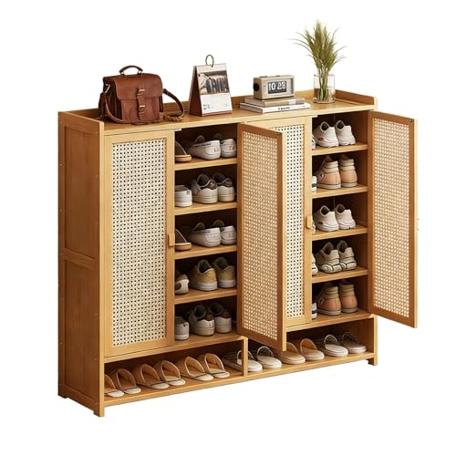 zxhrybh 7 Stufiger Bambus Schuhschrank mit Türen Freistehender Schuhregale Organizer für Flur Diele Wohnzimmer Schrank 47.2in 120cm