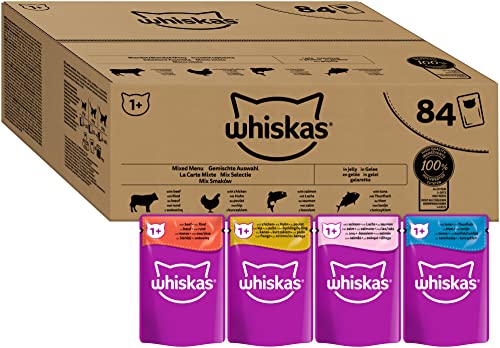 Whiskas Adult 1 Katzennassfutter Gemischte Auswahl in Gelee 84 Portionsbeutel 84x85g 1 Großpackung Hochwertiges Katzenfutter nass für ausgewachsene Katzen
