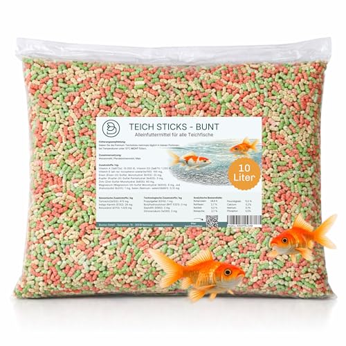 Teich Sticks Mix bunt 10 Liter Beutel Premium Alleinfuttermittel Fischfutter Koifutter Goldfischfutter Teichfutter Teichfischfutter mit Vitaminen Tricolore Nicht Trübend