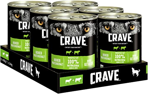 CRAVE Premium Pastete mit Lamm Rind Hunde Getreidefreies Adult Nassfutter mit hohem Proteingehalt Dosen 6x 400 g