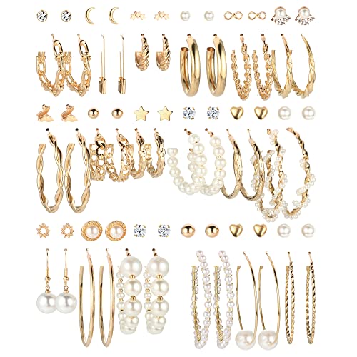 CASSIECA 36 Paar Gold Perlen Legierung Ohrringe Set für Damen Mädchen Mode Kettenglied Ohrstecker Tropfen Boho Statement Acryl Creolen Hypoallergen Geburtstagsfeier Schmuck Geschenk