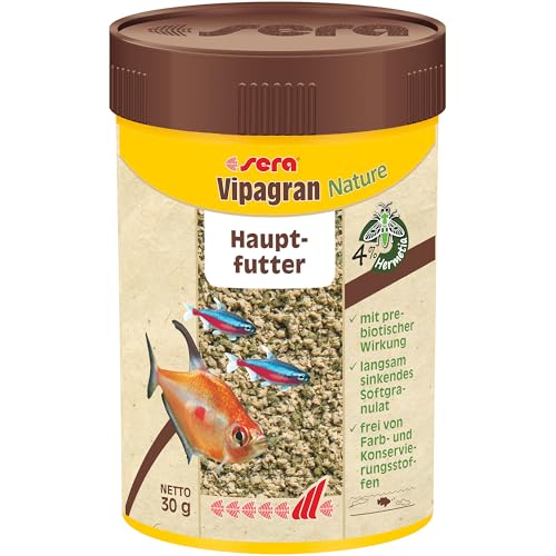 sera Vipagran Granules 100 ml 30 g Softgranulat-Hauptfutter für Zierfische der mittleren Zone ohne Farb- Konservierungsstoffe mit 4% Insektenmehl prebiotischer Wirkung Fischfutter