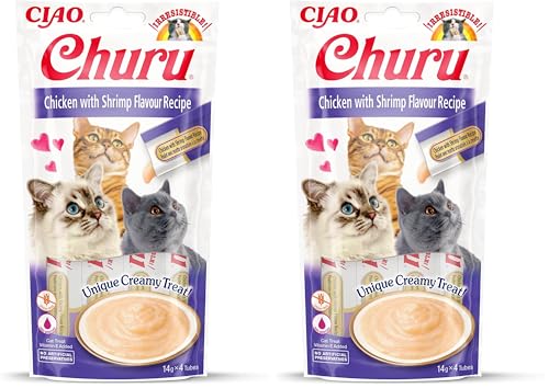 INABA Churu Puree Katzenleckerlis Creamy Snacks Hochwertige Proteine mit Huhn Garnelen 56 g 2er Pack Katzensnacks in Premium Qualität