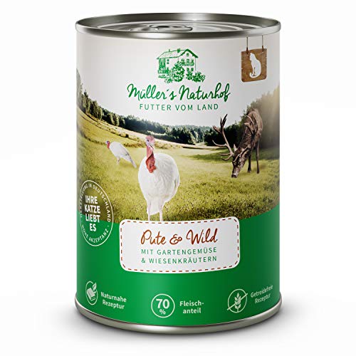 Müllers Naturhof - Nassfutter für Katzen - naturnahe Rezeptur - Wild Pute - 6 x 400 g - getreidefrei - 70% Fleischanteil - ohne Tierversuche Zucker Farb- Aroma- Konservierungsstoffe