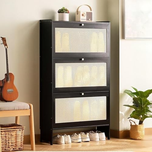 Slimline Rattan Schuhschrank freistehend Holzaufbewahrung schmale Klapptür für Eingangsbereich Flur stilvolles platzsparendes Design 70x 17x