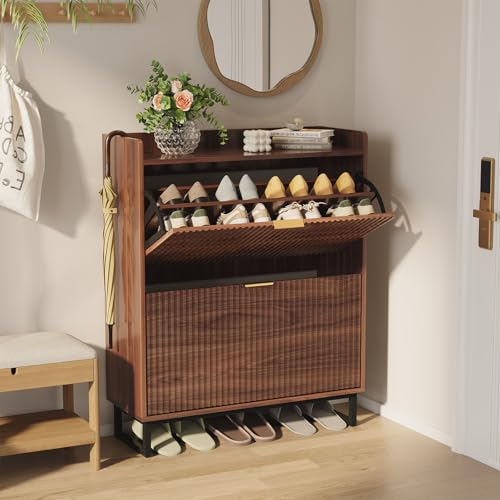 GarveeHome Schuhschränke Mit Klappschubladen Holz Schuhorganizer Schuhregal Mit 2 Klappen Schuhkipper Mit Verstellbar Schuhaufbewahrung Schuhablage Für Eingang Wohnzimmer Flur 80x30x98cm