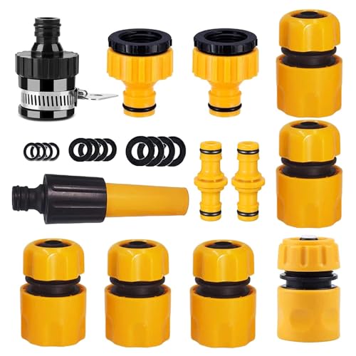 Schlauchverbinder Set Gartenschlauch Anschluss Set 15-TLG Kupplungsset für Gartenbewässerung Universelle Schlauchanschlüsse Reparaturverbinder Hahnadapter Düse für 1 2 und 3 4 Schläuche
