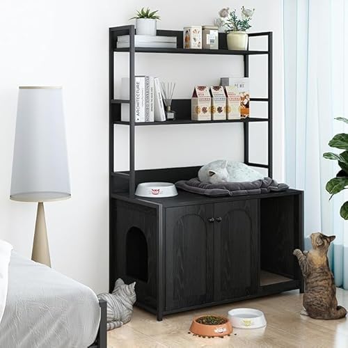 Katzenklo Schrank Katzentoilette Schrank mit Bücherregal Große Katzenhaus mit Tür und Separater Trennwand 89x45x132cm Versteckte Katzenmöbel Schwarz