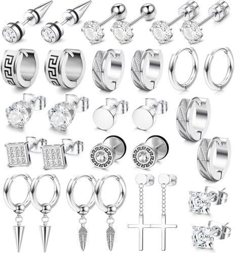 JeweBella 15 Paar Ohrringe Herren Edelstahl Hypoallergen Ohrstecker Set Ohrringe Männer Creolen Zirkonia Ohrringe Schwarz Silber Kreuz Hängend Ohrringe Piercing Ohr Knorpel Ohrringe für Männer Damen