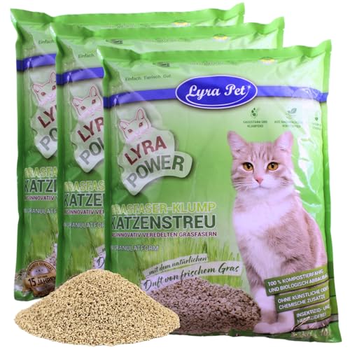 Lyra Pet 3 x 10 Liter Lyra Power Grasfaser Klump Katzenstreu Natürliche biologisch abbaubare Klumpstreu 500% Saugkraft Auch für empfindliche Katzen Staubarm für eine saubere Wohnung