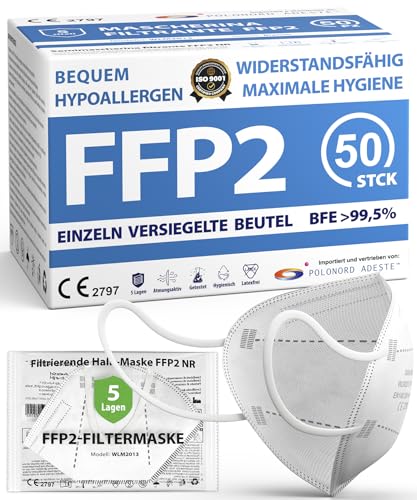 ADESTE - 50 FFP2 Masken hygienische 5-lagige Staubschutzmaske EN149 2001 A1 2009 Mundschutzmaske EU2016 425 weiß Atemschutzmaske Einzelne versiegelte Beutel