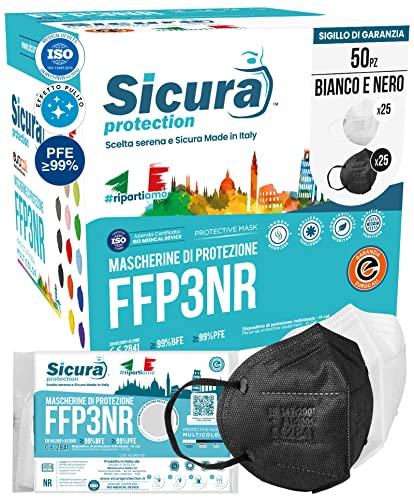 50 Masken FFP3 CE zertifiziert Schwarz und Weiß BFE 99% PFE 99% logo SICURA ffp3 25 Weiß 25 Negro