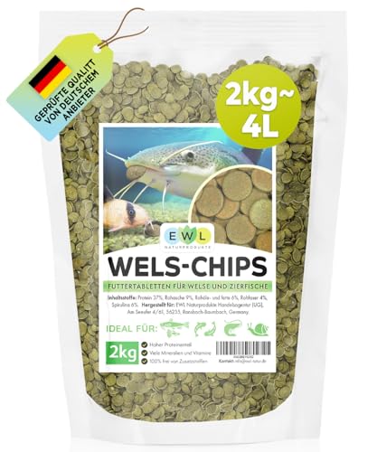 EWL Naturprodukte Wels Futtertabletten 2kg ca. 4ltr. XXL Pack Welsfutter Wels Chips mit Spirulina Fischfutter Welstabletten geprüfte Qualität von deutschem Anbieter