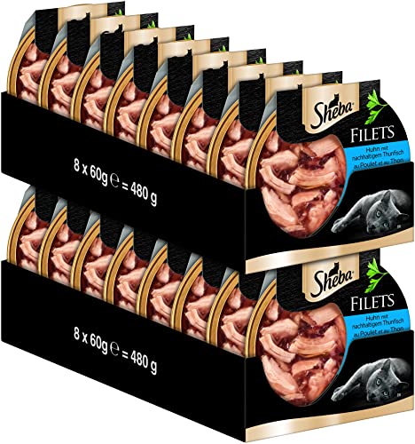 SHEBA Filets   Feinstes Katzennassfutter   16x 60g Schalen   Huhn und Thunfisch   Nassfutter für Katzen   Großpackung