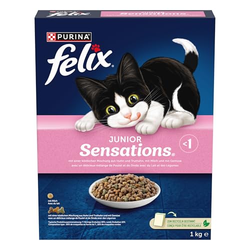 Felix Junior Sensations Katzenfutter trocken aus Huhn und Truthahn mit Milch und Gemüse 5er Pack 5 x 1kg