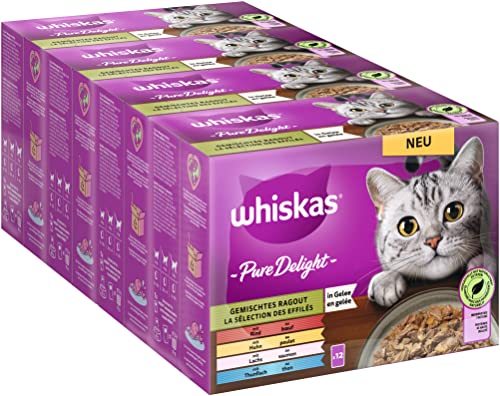Whiskas 1 Katzenfutter Pure Delight Gemischte Auswahl in Gelee 12x85g 4 Packungen Hochwertiges Nassfutter für ausgewachsene Katzen in 48 Portionsbeuteln