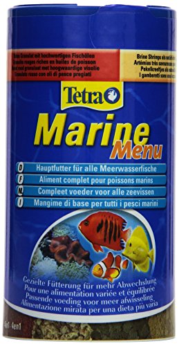 Tetra Marine Menu - 4in1 Fischfutter-Mix mit Granulat Brine Shrimps und 2 versch. Flocken vollwertiges Hauptfutter für alle Meerwasserfische 250 ml Dose