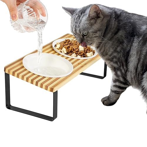 GUUSII HOME Futterstation Katzen Erhöht Katzen Fressnapf Erhöht Ergonomischer Katzennapf Erhöht Keramik Napf Katzennapf Erhöht Katzen Futternapf Katze Erhöht Fressnapf Katze Holz Keramik Streifen
