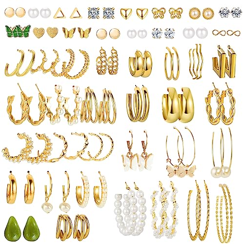 LOCCY 45 Paar Gold Ohrringe Set für Damen Mädchen Mode Boho Perlen Ohrringe Creolen Hoop Ohrringe Ohrstecker Set für Schmuck Geschenk 45 Paar