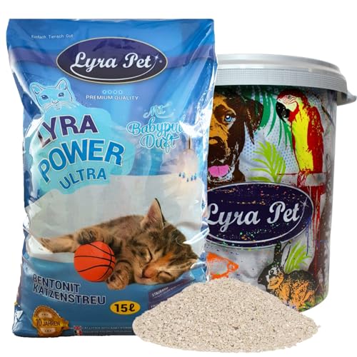 Lyra Pet 15 Liter Lyra Power Ultra Excellent Katzenstreu 30 L Tonne Mit Babypuder Duft Klumpstreu 350% Saugkraft Naturprodukt aus Bentonit Saubere Wohnung Neutralisiert Gerüche