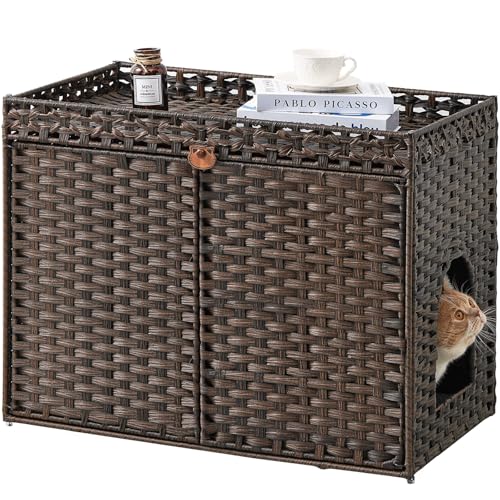 SETVSON Katzentoilette Gehege Möbel Versteckte Katzentoilette Katzentoilette Schrank mit 2 Katzentoilette Matten Handgewebtes Rattan Großraum Katzenhaus Indoor für Wohnzimmer Schlafzimmer Wohnung