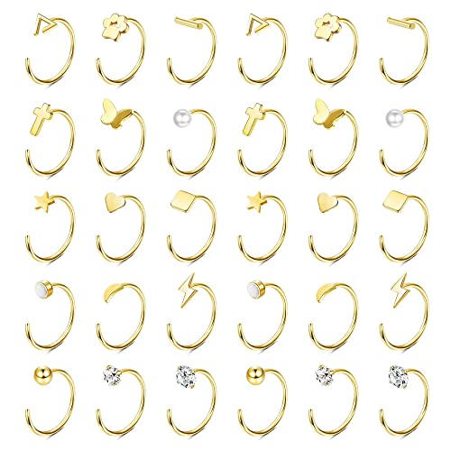 MILACOLATO 15Paar Creolen Set Edelstahl Piercing Ohr Klein Halb Huggie Creolen Ohrringe Mini Kugel Stab Stern Mond Herz Schmetterling Punkt CZ Creolen Ohrstecker Ohrknorpel Piercing Schmuck Gold