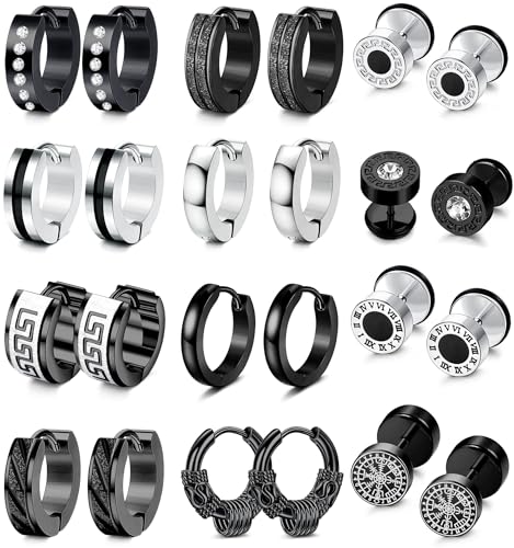JeweBella 12 Paar Ohrringe Herren Edelstahl Creolen Silber Schwarz Ohrringe Set Fake Plug Tunnel Piercing Ohr Hypoallergen Zirkonia Ohrstecker Punk Ohrringe Männer für Mehrere Ohrlöcher