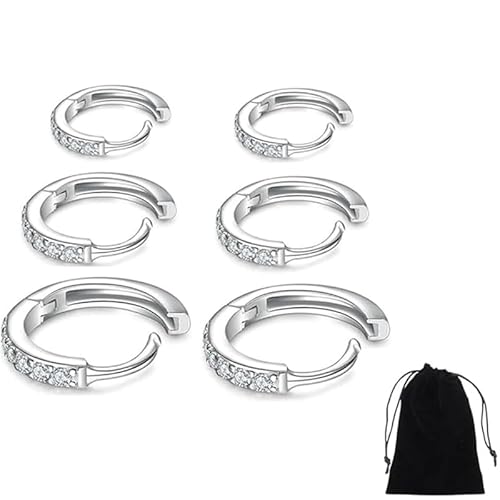 3 Paar Silber Creolen für Damen Edelstahl Ohrringe - Klein Ohrringe Set Mit Zirkonia Hypoallergen Knorpel Strass für Piercings Schlafen - Silber Gold 6mm 8mm 10mm