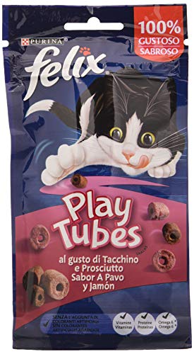 Purina Felix Katzensnack Play Tubes - 8 Packungen 50 g für Erwachsene Katzen - Snack Katze mit Truthahn und Schinken