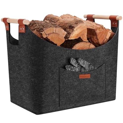 Filz Holzkorb für Kaminholz XXL Brennholzkorb Filzkorb extra dicker Filz Kaminholzkorb mit rutschfeste Holzgriff Feuerholzkorb Faltbarer Holzkorb Filztasche für Einkauf Holz Zeitung Brennholz